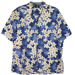 Royal Creations Mens SIze XL Hawaiian Shirt Blue Plumeria Floral Button Up VTG